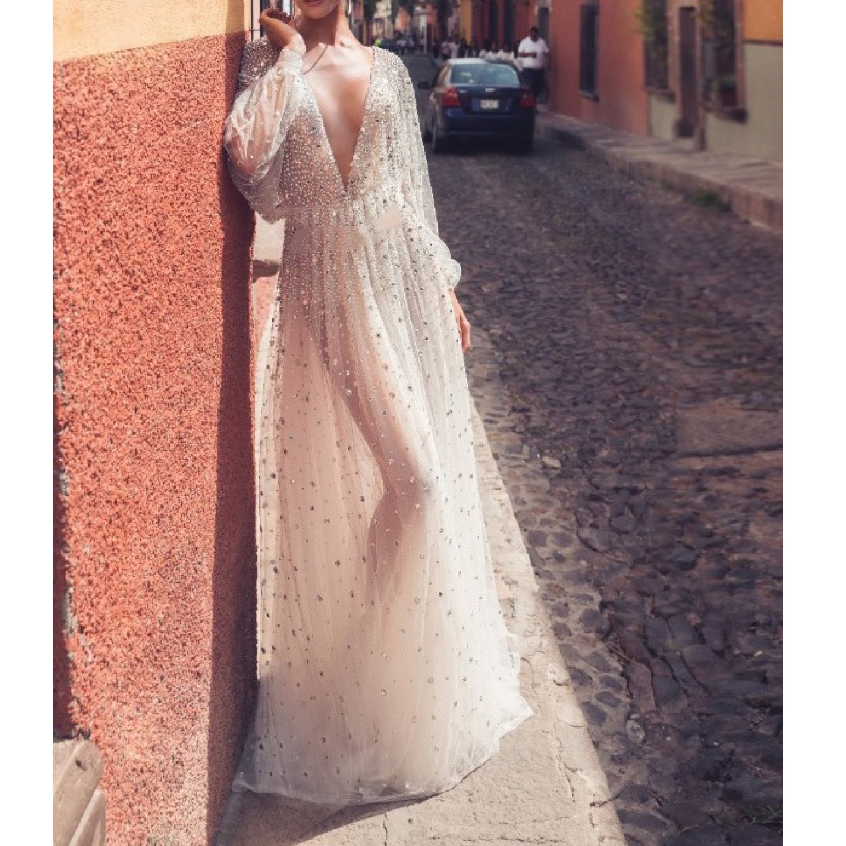Sexy V-Neck Mesh Backless Elegant Prom Party Dress