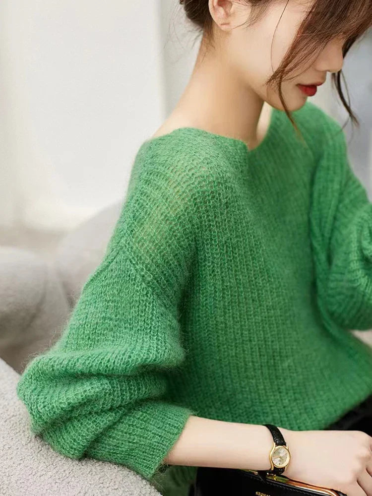 See-through Pullover Loose Jumper Autumn Winter Soft Warm Women Knitwear Basic Solid Cashmere Sweater