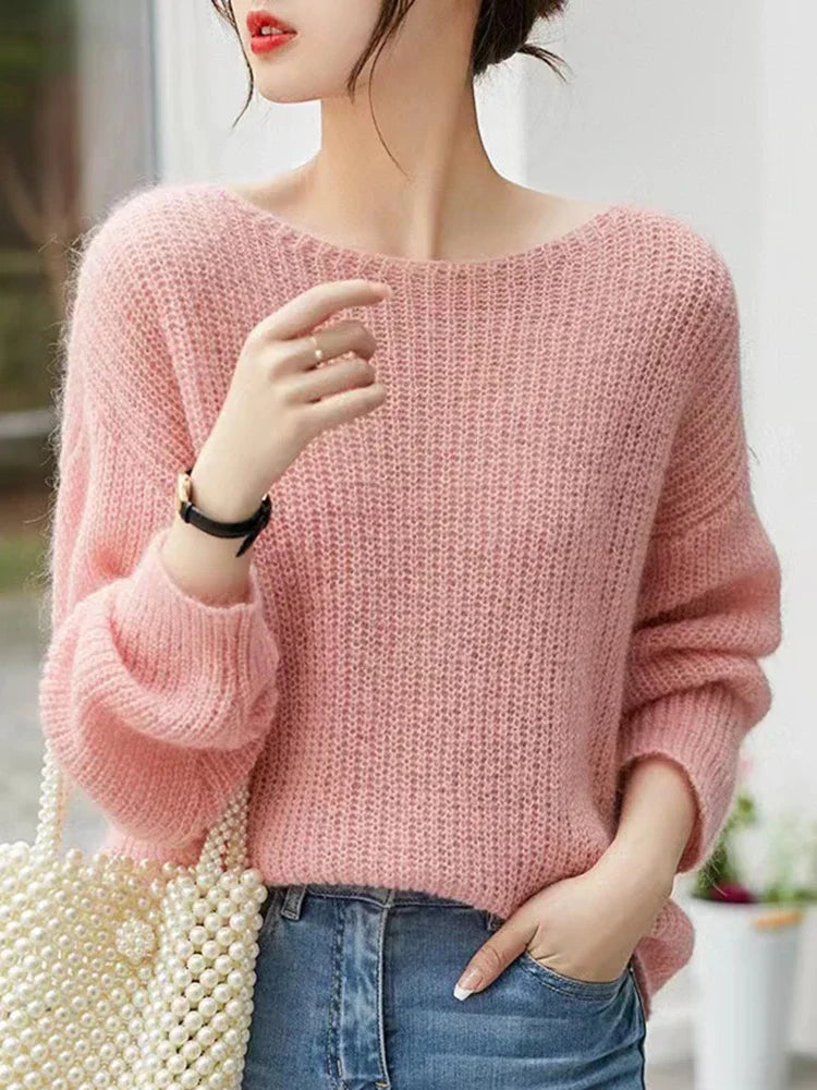 See-through Pullover Loose Jumper Autumn Winter Soft Warm Women Knitwear Basic Solid Cashmere Sweater
