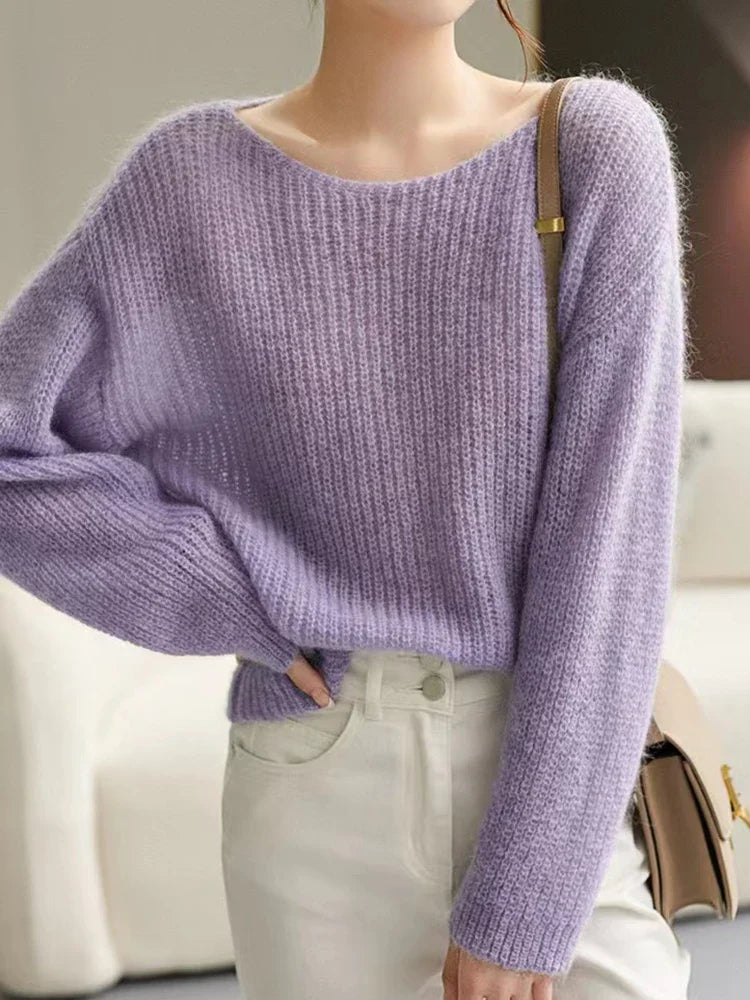 See-through Pullover Loose Jumper Autumn Winter Soft Warm Women Knitwear Basic Solid Cashmere Sweater