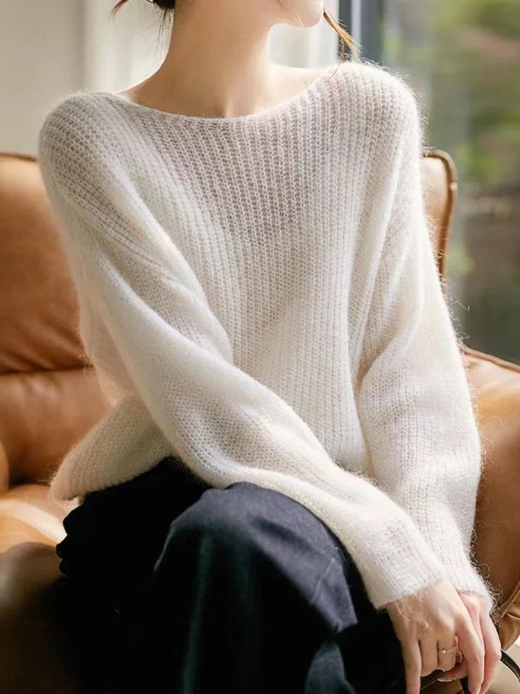 See-through Pullover Loose Jumper Autumn Winter Soft Warm Women Knitwear Basic Solid Cashmere Sweater