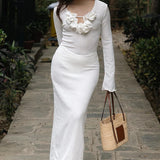 White Flower V-neck Ruffles Split Slim Female Maxi Dress