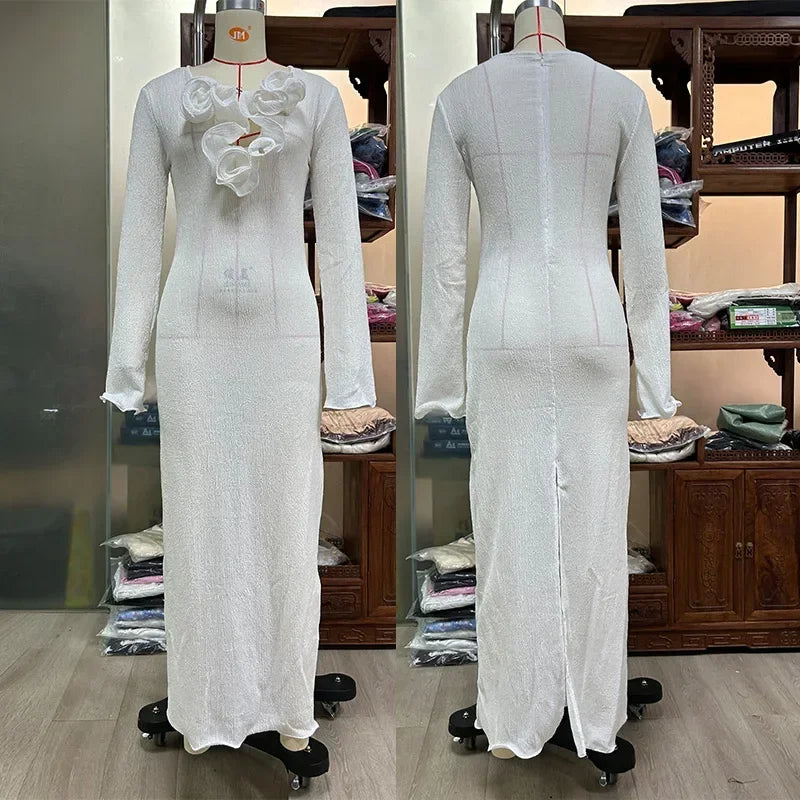 White Flower V-neck Ruffles Split Slim Female Maxi Dress