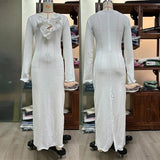 White Flower V-neck Ruffles Split Slim Female Maxi Dress