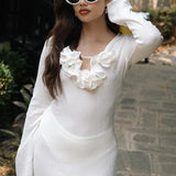 White Flower V-neck Ruffles Split Slim Female Maxi Dress