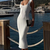 White Knitted Women Summer Fashion Square Colloar Sleeveless Bodycon Party Lady Casual 2025 Midi Dress