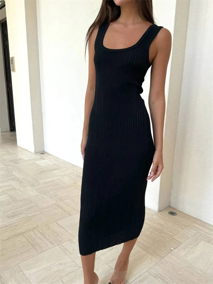 White Knitted Women Summer Fashion Square Colloar Sleeveless Bodycon Party Lady Casual 2025 Midi Dress