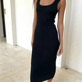 White Knitted Women Summer Fashion Square Colloar Sleeveless Bodycon Party Lady Casual 2025 Midi Dress