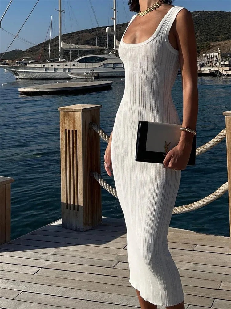 White Knitted Women Summer Fashion Square Colloar Sleeveless Bodycon Party Lady Casual 2025 Midi Dress
