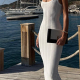 White Knitted Women Summer Fashion Square Colloar Sleeveless Bodycon Party Lady Casual 2025 Midi Dress