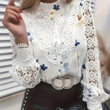 Casual White Long Sleeve Lace Hollow Turtleneck Fashion Pullovers Blouse