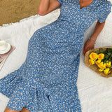 Elegant Blue V Neck Casual Summer Beach Boho Dress