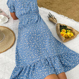 Elegant Blue V Neck Casual Summer Beach Boho Dress