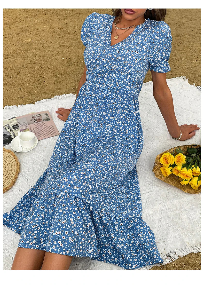 Elegant Blue V Neck Casual Summer Beach Boho Dress