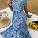 Elegant Blue V Neck Casual Summer Beach Boho Dress