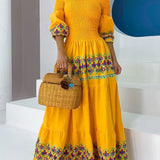 Ethnic Printed Slash Neck Pleated Boho Dress