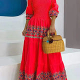 Ethnic Printed Slash Neck Pleated Boho Dress