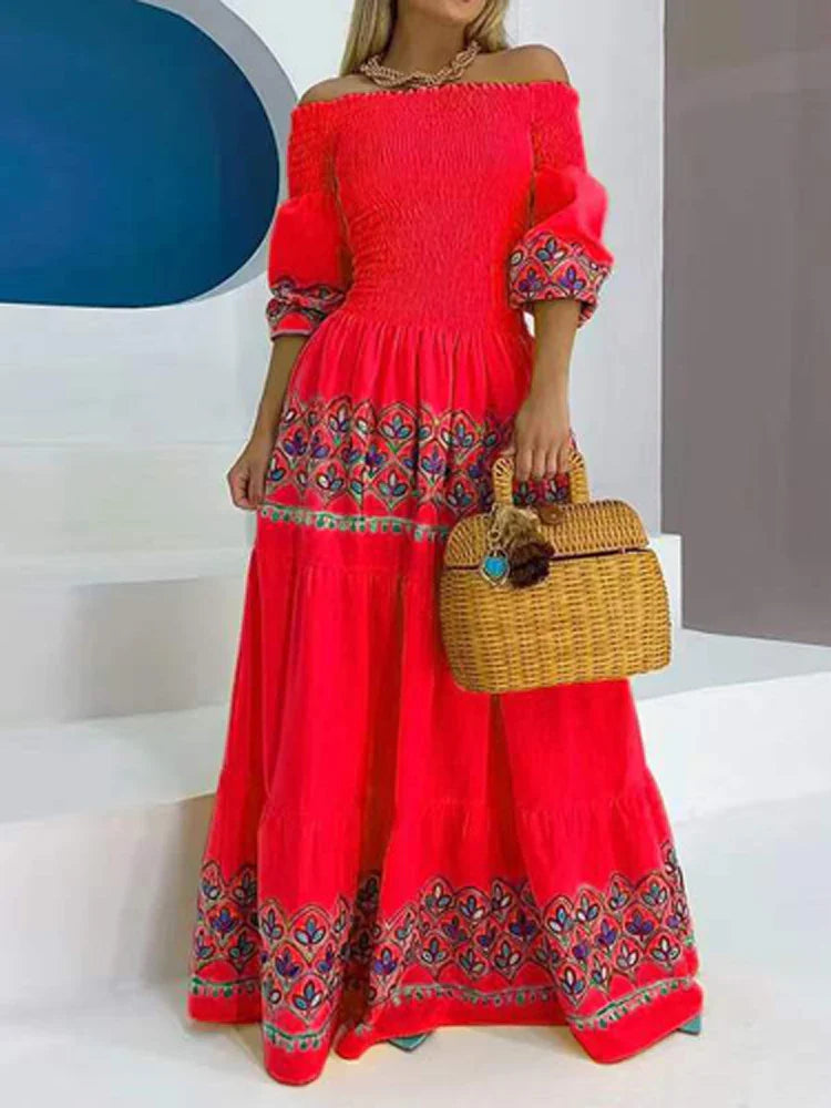 Ethnic Printed Slash Neck Pleated Boho Dress