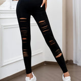 European US High-Waisted Ripped Stretch Leggings Solid Color Tight Bottom