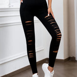 European US High-Waisted Ripped Stretch Leggings Solid Color Tight Bottom