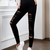 European US High-Waisted Ripped Stretch Leggings Solid Color Tight Bottom