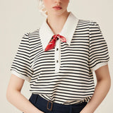 Women Polo Neck Color Stripe Casual Summer Short Sleeve T-shirt