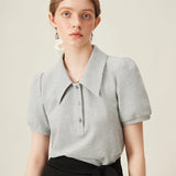 Women Polo Neck Color Stripe Casual Summer Short Sleeve T-shirt