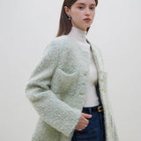Round Neck Mental Button Fresh Green Straight Winter Coats