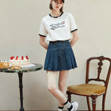 American Retro Creative Print Contrast Color Short-Sleeved Cotton Tee for Round Neck Letter T-shirt