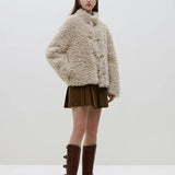 Button Design Faux Fur Stand Collar Light Khaki Top