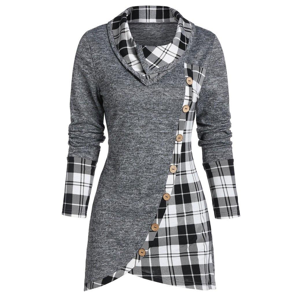 Plaid Colorblock Button Asymmetric Layered Dress