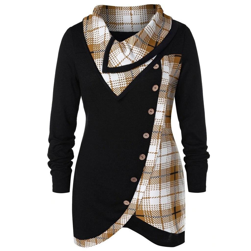 Plaid Colorblock Button Asymmetric Layered Dress