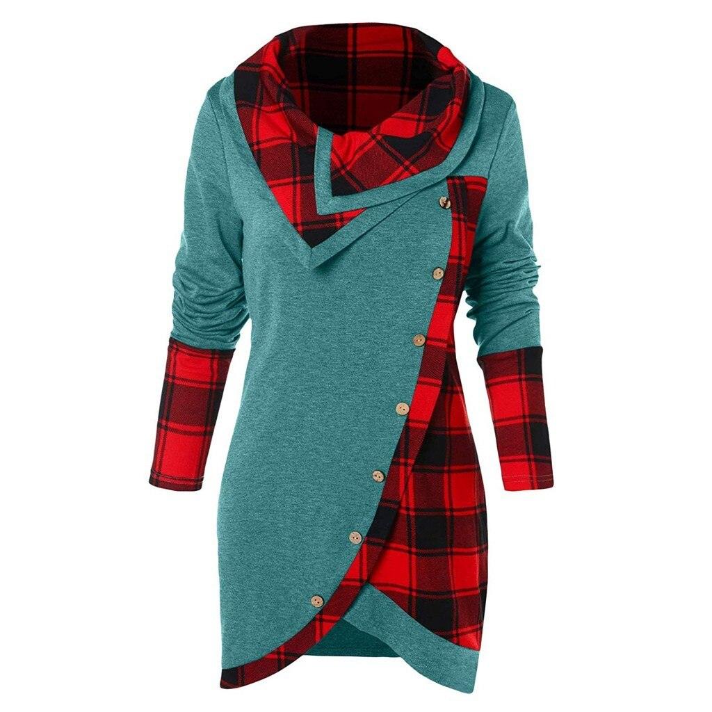 Plaid Colorblock Button Asymmetric Layered Dress