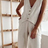 Cotton Linen Striped Wide Leg Office Two Piece Set