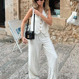Cotton Linen Striped Wide Leg Office Two Piece Set