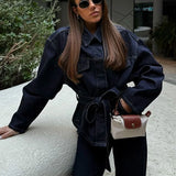 Denim Jacket Belted Trousers Office Two Piece Set