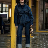Denim Jacket Belted Trousers Office Two Piece Set