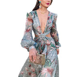 Long Sleeved Ruffles Deep V Neck Long Beach Prom Dresses