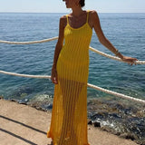 Fashion Half See Through Yellow V-Neck Sleeveless Backless Slim Elegant Beach Maxi Dress