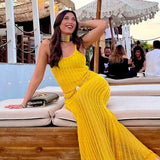 Fashion Half See Through Yellow V-Neck Sleeveless Backless Slim Elegant Beach Maxi Dress