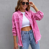 Fashion Outerwear Denim Button Spring Autumn Long Sleeve Holes Women Lady Coat Jacket