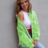 Fashion Outerwear Denim Button Spring Autumn Long Sleeve Holes Women Lady Coat Jacket