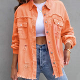 Fashion Outerwear Denim Button Spring Autumn Long Sleeve Holes Women Lady Coat Jacket