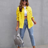 Fashion Outerwear Denim Button Spring Autumn Long Sleeve Holes Women Lady Coat Jacket