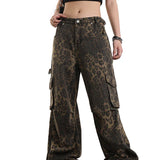 Leopard Print Pockets High Waist Wide Leg Jeans