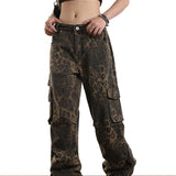 Leopard Print Pockets High Waist Wide Leg Jeans