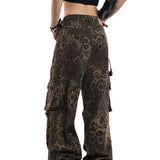 Leopard Print Pockets High Waist Wide Leg Jeans