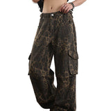 Leopard Print Pockets High Waist Wide Leg Jeans