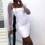 Fashion Sexy Black Square Collar Mesh See Through Puff Sleeve Women Bodycon Dress Sexy Dress Women Club Wear