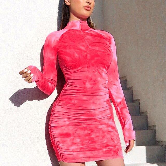 Fashion Sexy Long Sleeve Turtleneck Zipper Tie Dye Skinny Women Dress Sexy Women Bodycon Dress Sexy Dress